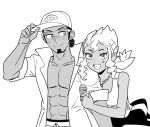  1boy 1girl abs bad_id bad_twitter_id blush burnet_(pokemon) collarbone dark_skin facial_hair greyscale hair_ornament hat holding holding_clothes holding_hat husband_and_wife jewelry kukui_(pokemon) labcoat looking_at_another looking_at_viewer monochrome muscular muscular_male necklace open_clothes poke_ball_print pokemon pokemon_(game) pokemon_sm rnehrdyd1212 smile 