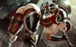  1girl armor ass axe bent_over bottomless breasts breasts_out brown_hair darius_(league_of_legends) elbow_gloves english_commentary feet_out_of_frame gauntlets genderswap genderswap_(mtf) gloves hanging_breasts highres holding holding_weapon large_breasts league_of_legends light_smile lips looking_at_viewer mole mole_above_mouth nipples nose pauldrons pussy red_eyes red_legwear sash short_hair shoulder_armor solo themaestronoob thick_thighs thigh_armor thighhighs thighs uncensored underbust very_short_hair weapon 