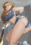 1girl absurdres aqua_eyes artist_name ass ayla_(chrono_trigger) bangs bare_shoulders blonde_hair breasts chrono_trigger club_(weapon) commentary_request fur_trim hand_on_hip highres kagematsuri long_hair looking_at_viewer looking_back medium_breasts midriff miniskirt navel panties parted_lips signature simple_background skirt solo stomach strapless thighs tube_top twisted_torso underwear watermark weapon wristband 