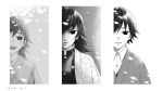  1boy age_progression akka_nbe11 alternate_hair_length alternate_hairstyle bangs child closed_mouth collared_shirt demon_slayer_uniform dress_shirt greyscale haori happy head_out_of_frame japanese_clothes kimetsu_no_yaiba looking_at_viewer male_focus monochrome multiple_views open_mouth petals portrait sad shirt short_hair smile spoilers straight-on tomioka_giyuu 