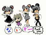  4girls animal_ears bangs black_dress black_footwear black_pants blush capelet commentary_request cookie_(touhou) cosplay crossed_legs crotch_cutout dress fake_nyon_(cookie) full_body gachimuchi grey_dress grey_hair highres kofji_(cookie) long_sleeves looking_to_the_side middle_finger mouse_ears mouse_girl mouse_tail multiple_girls nazrin nyon_(cookie) open_mouth pants profanity purple_dress red_eyes shirt sho_(shirojiro_kuroguro) shoes short_hair simple_background smile socks tail touhou v-shaped_eyebrows van_darkholme van_darkholme_(cosplay) white_background white_capelet white_legwear white_shirt 