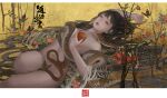  1girl apple black_hair bone covered_nipples food fruit long_hair lying nude on_back original skeleton snake solo sticks upper_body yangmao_huahua_de_sui_sui yellow_background 