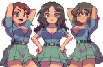  3girls :d :o absurdres aoshidan_school_uniform arms_behind_head arms_up belt black_belt black_hair blue_eyes blue_shirt breasts brown_eyes cleavage closed_mouth collared_shirt commentary curly_hair dark-skinned_female dark_skin el_(girls_und_panzer) eyebrows_visible_through_hair girls_und_panzer green_eyes green_skirt hair_intakes hands_on_hips highres long_hair looking_at_viewer medium_breasts medium_hair miniskirt multiple_girls nakachiruno no_bra open_mouth partially_unbuttoned school_uniform shirt short_sleeves side-by-side skirt smile spanish_flag standing suspender_skirt suspenders tristana_(girls_und_panzer) viridiana_(girls_und_panzer) 