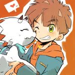  &lt;3 anthro bandai_namco blush brown_hair clothing digimon digimon_(species) digimon_ghost_game duo gammamon green_eyes grin hair hiro_amanokawa hoodie human kissing male male/male mammal radiospeed14 smile topwear 