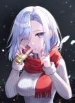  1girl absurdres bangs blue_eyes drink genshin_impact hair_over_one_eye highres long_hair looking_at_viewer night outdoors red_scarf ribbed_sweater scarf shenhe_(genshin_impact) sicle snow snowing solo sweater upper_body white_hair 