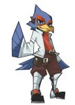  2014 anthro avian beak belt blue_eyes boots clothing falco_lombardi footwear jacket kasui_jirou male nintendo solo star_fox topwear video_games 