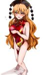  1girl absurdres bare_shoulders barefoot blush breasts covering covering_breasts covering_crotch hair_between_eyes hara22hara hat highres junko_(touhou) large_breasts long_hair naked_tabard orange_hair red_eyes solo tabard touhou very_long_hair 