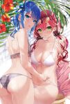  2girls ass back bare_arms bare_shoulders bikini blue_eyes blue_hair bow breasts cleavage collarbone eyewear_on_head flower frilled_bikini frills from_behind green_eyes grey_background hair_bow hair_ornament halterneck heart heart-shaped_eyewear hibiscus highres hololive hoshimachi_suisei jacket large_breasts long_hair looking_at_viewer looking_back low_twintails motsunuki multiple_girls navel off_shoulder open_clothes open_jacket parted_lips pink_jacket plaid plaid_bikini pulled_by_another red_flower red_hair revision sakura_miko side-tie_bikini side_ponytail sitting small_breasts stomach stool strap_pull string_bikini sunglasses swimsuit thighs twintails unmoving_pattern virtual_youtuber white_bikini x_hair_ornament 
