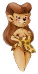  5_fingers anthro artist_name blush breasts brown_body brown_fur brown_hair cleavage clothed clothing clothing_lift crespin digital_media_(artwork) disney female fingers flashing flashing_breasts fur genitals hair half-closed_eyes hand_on_breast hi_res long_hair looking_at_viewer male mammal mature_female narrowed_eyes nipples open_mouth pubes pussy rebecca_cunningham simple_background smile solo talespin topwear ursid white_background 