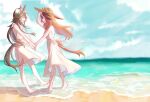  2girls 7nosuke alternate_costume animal_ears bangs barefoot beach blurry blurry_background brown_hair closed_eyes closed_mouth diffraction_spikes dress ears_through_headwear hand_on_headwear hat holding_hands horse_ears horse_girl horse_tail long_hair mini_hat mini_top_hat mr._c.b._(umamusume) multicolored_hair multiple_girls open_mouth outdoors sand sleeveless sleeveless_dress smile straw_hat symboli_rudolf_(umamusume) tail top_hat umamusume wading walking water white_dress 