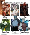  6+boys behemoth_(housamo) belt black_shirt blouse blue_eyes blue_fire book bug butterfly closed_mouth collared_shirt commentary_request dorohedoro ear_piercing eating en_(dorohedoro) facial_hair fangs fangs_out fate/grand_order fate_(series) fire forked_eyebrows formal furry furry_male gakuran gloves green_eyes grey_hair helmet holding holding_book hood hoodie horns james_moriarty_(fate) katana live_a_hero long_sleeves looking_at_viewer male_focus mask multiple_boys multiple_swords muscular muscular_male mustache necktie no_eyebrows open_mouth piercing red_hair rouon_aro scar scar_on_cheek scar_on_face school_uniform sharp_teeth shirt short_hair six_fanarts_challenge smile snack spiked_hair suit sweatdrop sword teeth thick_eyebrows toji_(housamo) tokyo_afterschool_summoners upper_body utau vest victom_(live_a_hero) wadanosuke_(waadaa_hmlh) weapon white_shirt yellow_necktie 