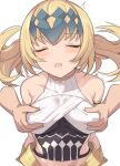  1girl armlet bangs blonde_hair blush bracer breast_grab breasts closed_eyes diadem fate/grand_order fate_(series) grabbing halter_top halterneck jewelry large_breasts medium_hair neck_ring open_mouth pollux_(fate) shiseki_hirame solo_focus 