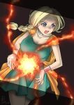  1girl bianca_(dq5) blonde_hair blue_eyes bracelet braid breasts cape choker collarbone dragon_quest dragon_quest_v dress earrings fire green_dress jewelry large_breasts long_hair magic nanahoshi_tsurugi open_mouth orange_cape pyrokinesis side_braid single_braid sleeveless sleeveless_dress solo 