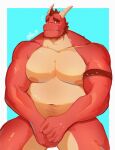  absurd_res anthro armband artist_name beard biped blue_background blue_eyes blush covering covering_crotch delbin_(spyro) dragon facial_hair hi_res horn looking_at_viewer male male_focus mohawk muscular navel nipples overweight pecs red_body red_skin scalie simple_background solo thick_thighs zombie_perc 