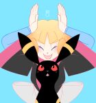  1girl black_fur blonde_hair blue_background blush bunny_pose closed_eyes eyebrows_visible_through_hair greta_(pokemon) hands_up long_sleeves open_mouth pokemon pokemon_(creature) pokemon_(game) pokemon_rse red_eyes simple_background smile umbreon upper_body vergolophus 