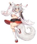  1girl :d animal_ears arm_up bangs bare_shoulders black_skirt breasts flip-flops inubashiri_momiji kneehighs large_breasts looking_at_viewer navel onomiya open_mouth red_eyes sandals shirt short_hair simple_background skirt smile solo touhou white_background white_hair white_legwear white_shirt white_sleeves wolf_ears wolf_girl 