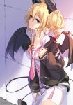  1girl blonde_hair blue_eyes breasts cleavage demon_girl demon_horns demon_tail demon_wings hair_bun highres hololive horns jacket large_breasts long_hair looking_at_viewer necktie pointy_ears solo t-bth tail uniform virtual_youtuber wings yuzuki_choco 