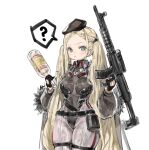  1girl :&lt; ? a-545_(girls&#039;_frontline) a545 absurdres bangs beret black_gloves black_headwear blonde_hair blush bodysuit bottle braid breasts closed_mouth fur_trim girls&#039;_frontline gloves gun hat highres holding holding_bottle holding_gun holding_weapon kkaebing long_hair looking_at_viewer medium_breasts simple_background solo spoken_question_mark very_long_hair weapon white_background 