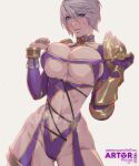  1girl armor artist_name arttoru bangs blue_eyes blush bracelet breasts cameltoe cleavage commentary eyebrows_visible_through_hair gauntlets gold_trim highres isabella_valentine jewelry large_breasts lips looking_at_viewer navel parted_lips pulled_by_self revealing_clothes shiny shiny_skin short_hair shoulder_armor signature simple_background smile soulcalibur stomach thighhighs thighs turtleneck watermark white_hair 