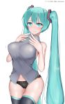  1girl absurdres alternate_breast_size aqua_eyes aqua_hair aqua_nails bangs bare_shoulders black_panties blush breasts closed_mouth collared_shirt contrapposto covered_nipples cowboy_shot eyebrows_behind_hair floral_print grey_shirt hair_between_eyes hands_up hatsune_miku highres large_breasts leaning_back light_frown long_bangs long_hair looking_at_viewer midriff_peek necktie necktie_removed own_hands_together panties sanpaku shirt skindentation skirt skirt_removed sleeveless sleeveless_shirt sleeves_removed solo tattoo taut_clothes taut_shirt tesu@youbon thighhighs thighs translation_request twintails underwear very_long_hair vocaloid white_background wide_hips zettai_ryouiki 