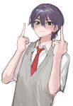  1boy bangs closed_mouth double_middle_finger green_eyes grey_vest haaksik highres kenmochi_touya looking_at_viewer male_focus middle_finger necktie nijisanji purple_hair red_necktie shirt short_sleeves simple_background sketch solo sweater_vest upper_body vest virtual_youtuber white_background white_shirt 