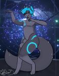  absurd_res animal_genitalia anthro balls big_balls big_tail braided_hair canid canine canis dancing digital_media_(artwork) dragon ethmeol eyes_closed genitals glowing glowing_markings hair hi_res horn hybrid male mammal markings nude sheath solo wolf 