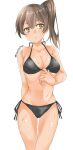  1girl absurdres bikini black_bikini breasts brown_eyes brown_hair cleavage cowboy_shot facing_viewer highres kaga_(kancolle) kantai_collection large_breasts long_hair maonatten one-hour_drawing_challenge side-tie_bikini side_ponytail sideways_glance simple_background solo swimsuit thigh_gap white_background 