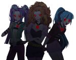  3girls :d adagio_dazzle amulet aria_blaze bangs belt belt_buckle blue_hair blunt_bangs bracelet breasts buckle candy cleavage commentary_request cowboy_shot crossed_arms curly_hair dark demon_girl evil evil_eyes evil_smile eyebrows_visible_through_hair fingerless_gloves food gloves glowing glowing_eyes glowing_jewelry glowing_neckwear hair_ornament hand_on_hip jewelry leaning_forward lollipop looking_at_viewer miniskirt multicolored_hair multiple_girls my_little_pony my_little_pony_equestria_girls necklace open_mouth orange_hair parted_lips pendant_choker ponytail purple_eyes purple_hair raised_eyebrow red_eyes shaded_face shadow sidelocks simple_background single_fingerless_glove skirt slit_pupils smile smirk sonata_dusk spiked_bracelet spikes standing star_(symbol) star_hair_ornament streaked_hair twintails two_side_up white_background wristband xieyanbbb 