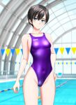  1girl absurdres androgynous black_hair blue_eyes blurry blurry_background breasts clothes_writing commentary_request competition_swimsuit contrapposto covered_navel cowboy_shot flag hand_on_hip highres indoors light_smile looking_at_viewer medium_breasts one-piece_swimsuit original pool purple_swimsuit short_hair solo standing string swimsuit takafumi 