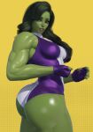  1girl abs absurdres ass biceps black_hair border breasts colored_skin commentary covered_navel cropped_legs english_commentary green_eyes green_skin highres large_breasts leotard long_hair looking_at_viewer marvel muscular muscular_female popogori she-hulk simple_background solo thick_thighs thighs yellow_background 