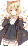 1girl :o ahoge animal_ear_fluff animal_ears bangs black_dress black_jacket blonde_hair blush brown_eyes cat_ears cat_girl cat_tail commentary_request commission dress eyebrows_visible_through_hair frilled_dress frills hair_between_eyes hair_ornament hairclip hands_up highres izuminanase jacket long_hair long_sleeves looking_at_viewer open_clothes open_jacket orange_ribbon original parted_lips puffy_long_sleeves puffy_sleeves ribbon simple_background skeb_commission skindentation sleeves_past_wrists solo starry_background tail thigh_strap white_background 