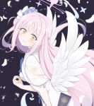  1girl angel_wings blue_archive blue_bow blush bow dress feathered_wings feathers flower hair_flower hair_ornament halo head_tilt highres hoshino_ouka mika_(blue_archive) pink_hair smile solo white_dress window wings yellow_eyes 