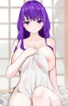  1girl absurdres areola_slip arm_at_side breasts collarbone covering covering_chest eyebrows_visible_through_hair genshin_impact hair_down highres large_breasts long_hair looking_at_viewer mole mole_under_eye naked_towel nude onsen parted_lips purple_eyes purple_hair raiden_shogun seasonsun see-through sitting solo towel very_long_hair wet wet_towel 