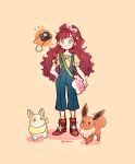  1girl bag bangs blush_stickers boots chloe_(pokemon) closed_mouth commentary eevee eyelashes full_body green_eyes hair_ribbon hand_on_hip highres long_hair older overalls pink_bag pokemon pokemon_(anime) pokemon_(creature) pokemon_journeys red_hair ribbon shirt short_sleeves shoulder_bag smile soulubles standing twitter_username yamper yellow_background yellow_shirt 