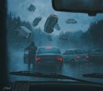  1boy car car_interior commentary english_commentary floating floating_object ground_vehicle headlight highres motor_vehicle original rain signature solo_focus stefan_koidl tree utility_pole water_drop wipers 