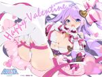  1girl ahoge alicesoft blue_eyes bow breasts candy character_request chocolate cleavage copyright_name elbow_gloves escalation_heroines fang food fujishima-sei_ichi-gou gloves hair_bow heart heart-shaped_chocolate heart_hands large_breasts long_hair open_mouth panties purple_hair thighs underwear valentine white_background white_gloves white_legwear white_panties 
