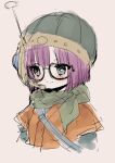  1girl blush chrono_trigger closed_mouth glasses helmet lucca_ashtear maitou purple_hair short_hair simple_background sketch smile solo 