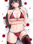  1girl arm_under_breasts ass_visible_through_thighs bed_sheet black_hair black_legwear blush bra breasts closed_mouth collarbone dakimakura_(medium) earrings eyebrows_visible_through_hair flower from_above furrowed_brow gold_earrings hair_down hand_up jewelry lace-trimmed_legwear lace-trimmed_panties lace_trim large_breasts lips long_hair looking_at_viewer lying navel on_back panties petals red_bra red_flower red_panties red_rose rose rose_petals skindentation solo spy_x_family stomach straight_hair thighhighs thighs underwear yor_briar yuj_(moemarket) 