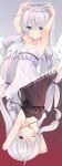  1girl ;q armpits arms_up bangs bare_arms bare_shoulders black_dress blue_eyes breasts character_name closed_mouth collarbone commentary_request demon_tail dress eyebrows_visible_through_hair frilled_dress frills grey_hair hair_between_eyes halo long_hair looking_at_viewer one_eye_closed red_eyes sleeveless sleeveless_dress small_breasts smile soul_worker stella_unibell tail tongue tongue_out usagimiko very_long_hair white_dress 
