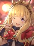  1girl ;d bangs blonde_hair blush book bow bowtie bracelet cagliostro_(granblue_fantasy) cape capelet face granblue_fantasy highres holding hood hooded_capelet jewelry kiikii_(kitsukedokoro) long_hair looking_at_viewer one_eye_closed open_mouth portrait purple_eyes smile solo tiara 