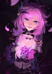  1girl absurdres breasts cleavage crying crystal elysia_(honkai_impact) eyebrows_visible_through_hair gloves hair_ornament highres holding honkai_(series) honkai_impact_3rd large_breasts looking_at_viewer open_mouth pink_hair pointy_ears shattered single_glove solo standing tears teeth thighhighs zhu_fun_(pixiv_21401851) 