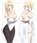  2girls bangs bare_shoulders black_legwear blonde_hair blue_eyes blush breasts bridal_gauntlets cleavage closed_mouth commentary commentary_request covered_navel detached_sleeves dress elf eyebrows_visible_through_hair gold_hairband green_eyes hairband highres jewelry large_breasts leotard long_hair long_sleeves multiple_girls original pantyhose pointy_ears side_ponytail skindentation smile standing thighlet thighs white_background white_dress white_leotard yukage 
