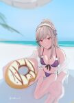  1girl absurdres azur_lane bangs beach bikini blue_sky breasts choker cleavage closed_mouth dunkerque_(azur_lane) dunkerque_(summer_sucre)_(azur_lane) eyebrows_visible_through_hair grey_hair hairband highres long_hair looking_at_viewer medium_breasts ocean official_alternate_costume on_floor ponytail purple_bikini purple_swimsuit red_eyes rzk_iii sky smile solo swimsuit symbol-only_commentary twitter_username white_hairband 