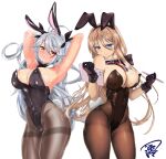  2girls absurdres animal_ears arms_behind_head azur_lane bismarck_(azur_lane) black_gloves black_leotard blue_eyes bow bowtie breasts cleavage contrapposto detached_collar fake_animal_ears fake_tail gloves grey_hair hair_between_eyes highleg highleg_leotard highres large_breasts leotard light_brown_hair long_hair multicolored_hair multiple_girls oversized_breast_cup pantyhose playboy_bunny prinz_eugen_(azur_lane) rabbit_ears rabbit_tail red_hair simple_background strapless strapless_leotard streaked_hair tail thighband_pantyhose traditional_bowtie tsukinoha_mio two-tone_hair white_background wrist_cuffs yellow_eyes 