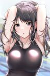  1girl :o absurdres armpits arms_up black_swimsuit blurry collarbone competition_swimsuit depth_of_field highres idolmaster idolmaster_shiny_colors kazano_hiori looking_at_viewer mole mole_under_mouth one-piece_swimsuit shohei_(piranha5hk) solo swimsuit upper_body 