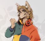  ambiguous_gender anthro black_nose blonde_hair bust_portrait canid canine canis claws clothed clothing domestic_dog fur hair headphones inner_ear_fluff ishimaurell looking_at_viewer mammal portrait smile solo sweater tan_body tan_eyes tan_fur tattoo teeth topwear tuft whiskers 