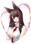  akagi_(azur_lane) animal_ear_fluff animal_ears azur_lane between_breasts black_gloves breasts brown_hair cleavage closed_mouth collared_shirt cropped_torso finger_to_mouth fox_ears gloves headset heart highres large_breasts long_hair looking_at_viewer necktie necktie_between_breasts no_bra red_eyes red_necktie shirt simple_background sleeveless sleeveless_shirt smile upper_body white_background white_shirt yorugami_rei 
