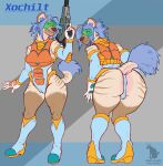  absurd_res armor butt cyberpunk female gun hi_res hyaenid jester_laughie mammal presenting raised_tail ranged_weapon weapon 