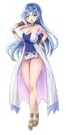  1girl bare_shoulders blue_eyes blue_hair bracer braid breasts cleavage commentary covered_navel dress folding_fan french_braid gem hair_intakes hand_fan hand_on_hip highres holding holding_fan jewelry long_hair looking_at_viewer madou_monogatari medium_breasts neck_ring puyopuyo rulue_(puyopuyo) sash side_slit smile solo strapless strapless_dress wavy_hair white_dress yui_(msy1302mana) 