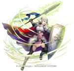  1girl alternate_costume armor asatani_tomoyo bangs bodysuit bodysuit_under_clothes breastplate cape commentary_request dress effie_(fire_emblem) fire_emblem fire_emblem_fates fire_emblem_heroes full_body gauntlets green_eyes grey_hair hair_bun holding lips looking_at_viewer official_art parted_lips pelvic_curtain red_cape sandals shield shiny shiny_hair short_dress shoulder_armor simple_background smile solo standing toeless_footwear toes white_background 